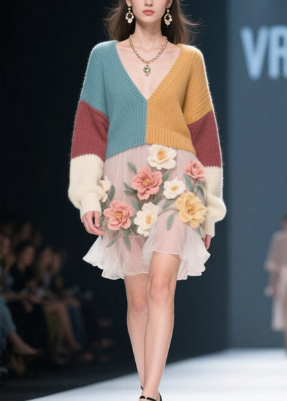 Style Colorblock V Neck Tulle Knit Sweater Dress Fall
