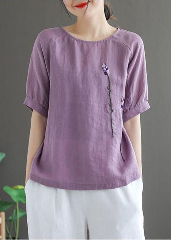 Purple Embroideried Linen Tops O-neck Short Sleeve
