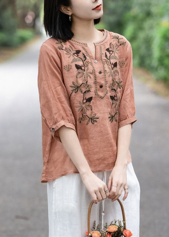 Pink Embroideried Button Cotton T Shirt Summer