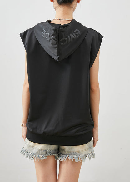 Black Hooded Drawstring Cotton Vest Fall