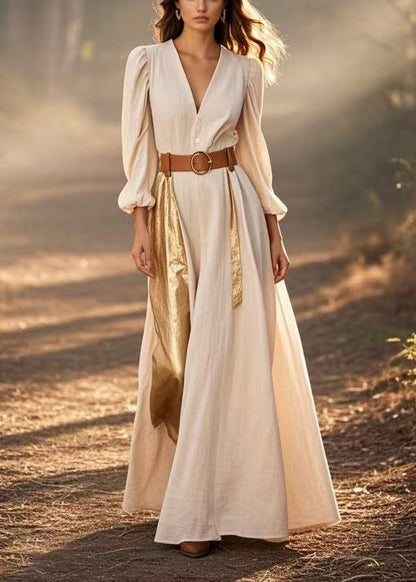 Apricot Asymmetrical Patchwork Cotton Cinched Dress Spring