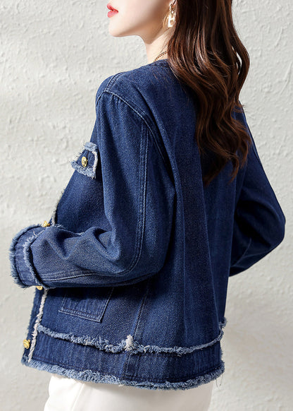 Natural Denim Blue O-neck Patchwork Button Coat Long Sleeve