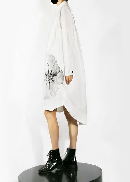 White Loose Shirt Dresses Low High Design Long Sleeve