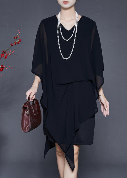 Black Asymmetrical Cold Shoulder Chiffon Tea Dress Summer