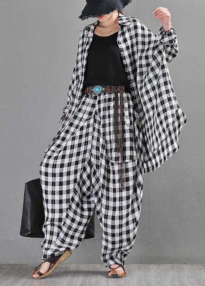 Black White Plaid Cotton Linen Harem Pants Summer
