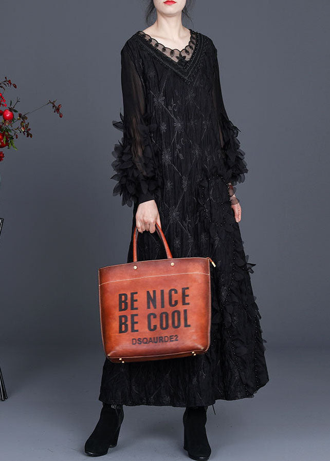 Black V Neck Wrinkled Nail Bead Fall Long Dresses