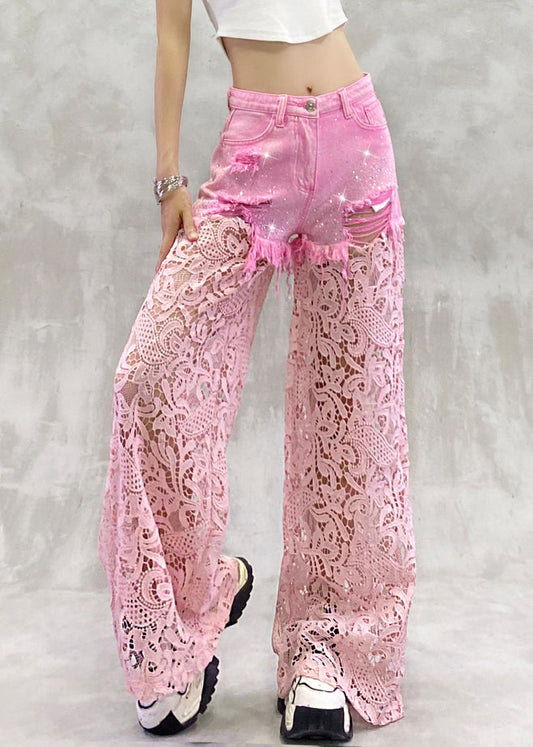 Pink Hollow Out Zircon Lace Patchwork Pants Summer