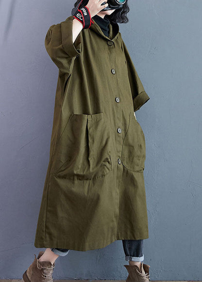 Army Green Pockets Button Fall Hooded Long Sleeve Trench Coats