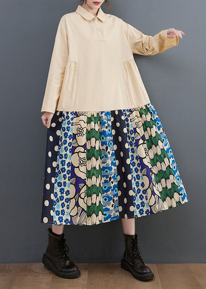Beige Oversized Patchwork Cotton Long Dress Fall