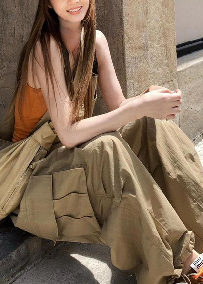 Khaki Pockets High Waist Cotton Jumpsuits Sleeveless