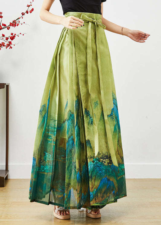 Green High Waist Print Pleated Skirt Fall