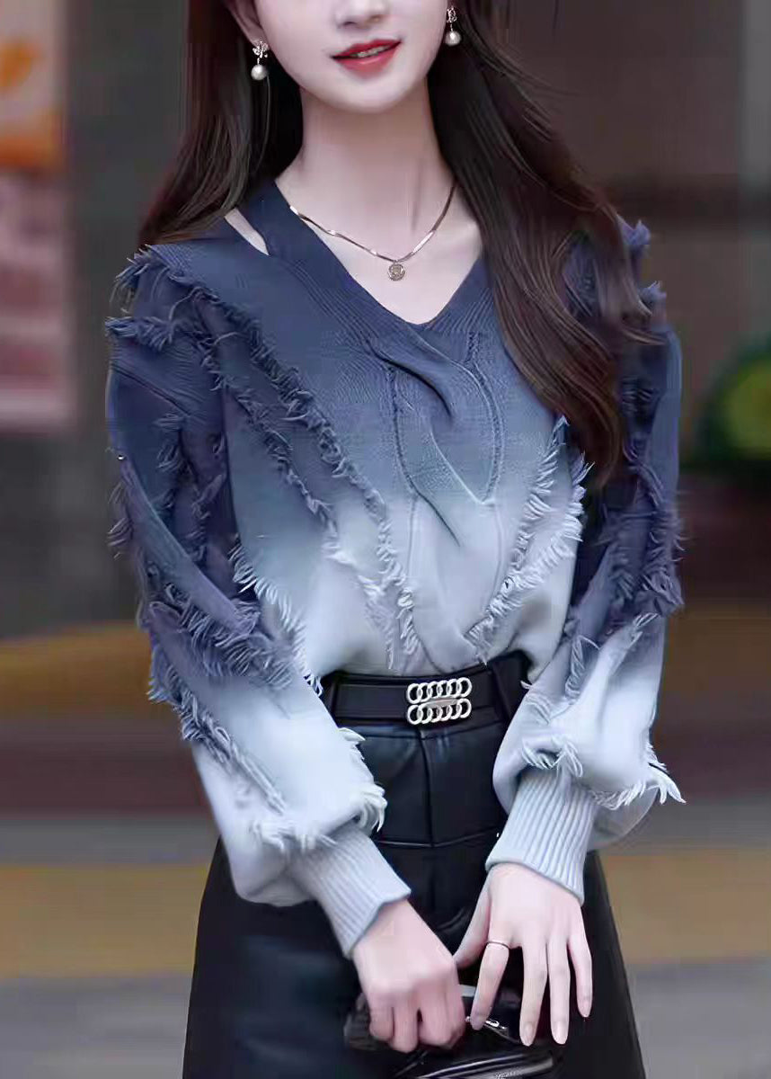 Gradient Color Tassel Knitted Sweater Tops Fall