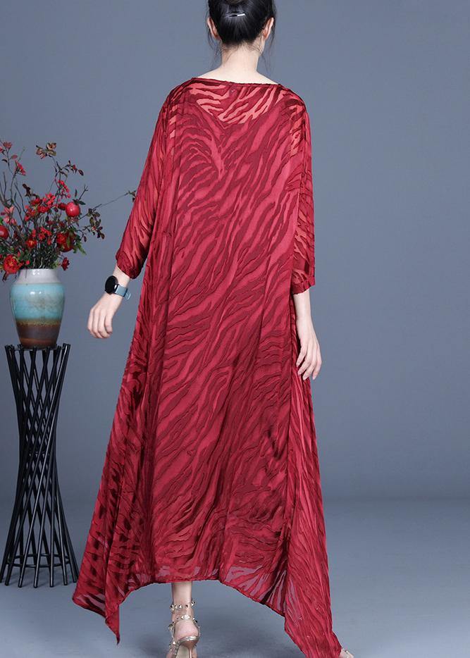 Red Two Piece Spring Silk Asymmetrical Design Dress With Suspender Skirt