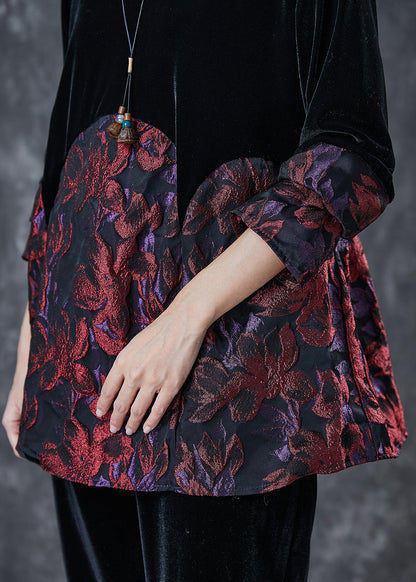 Black Oversized Patchwork Jacquard Silk Velvet Two Pieces Set Spring