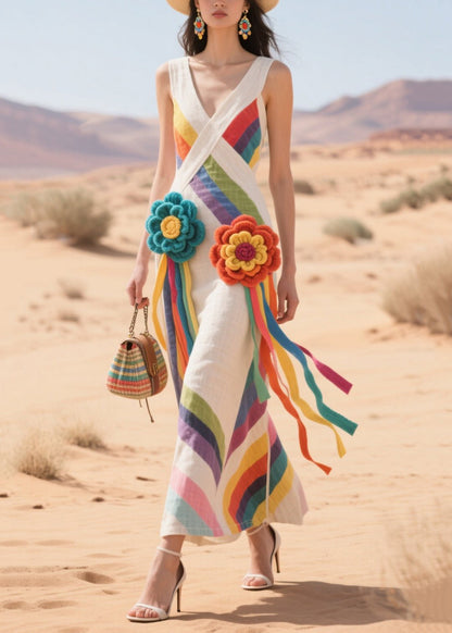 White Striped Flower Decorated Cotton Tea Dress Summer