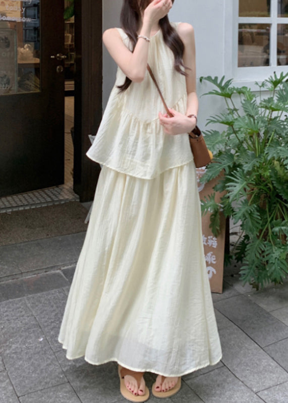 Black O-neck Patchwork Fake Two Pieces Silk Cotton Maxi Dress Sleeveless