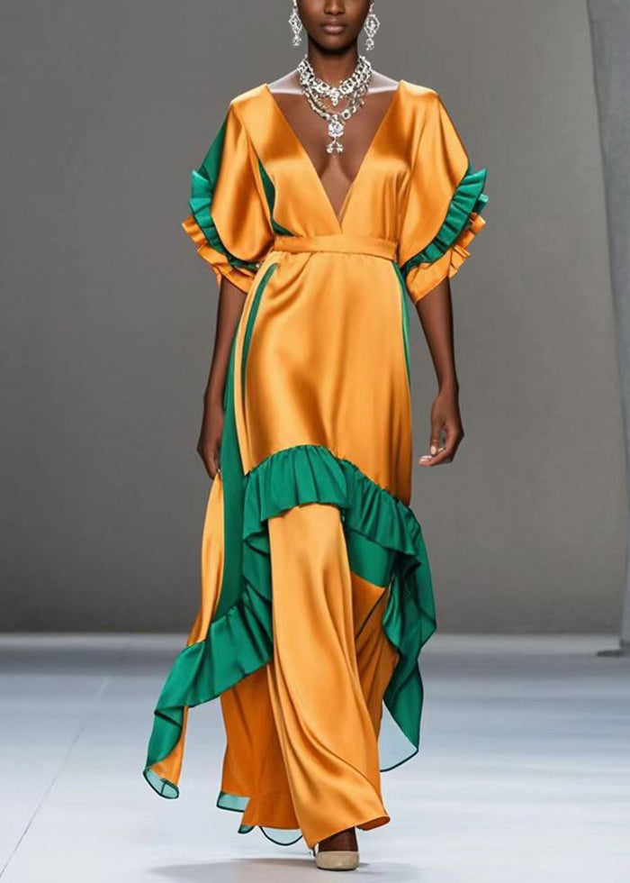 Yellow V Neck Patchwork Ruffles Silk Party Dress Summer