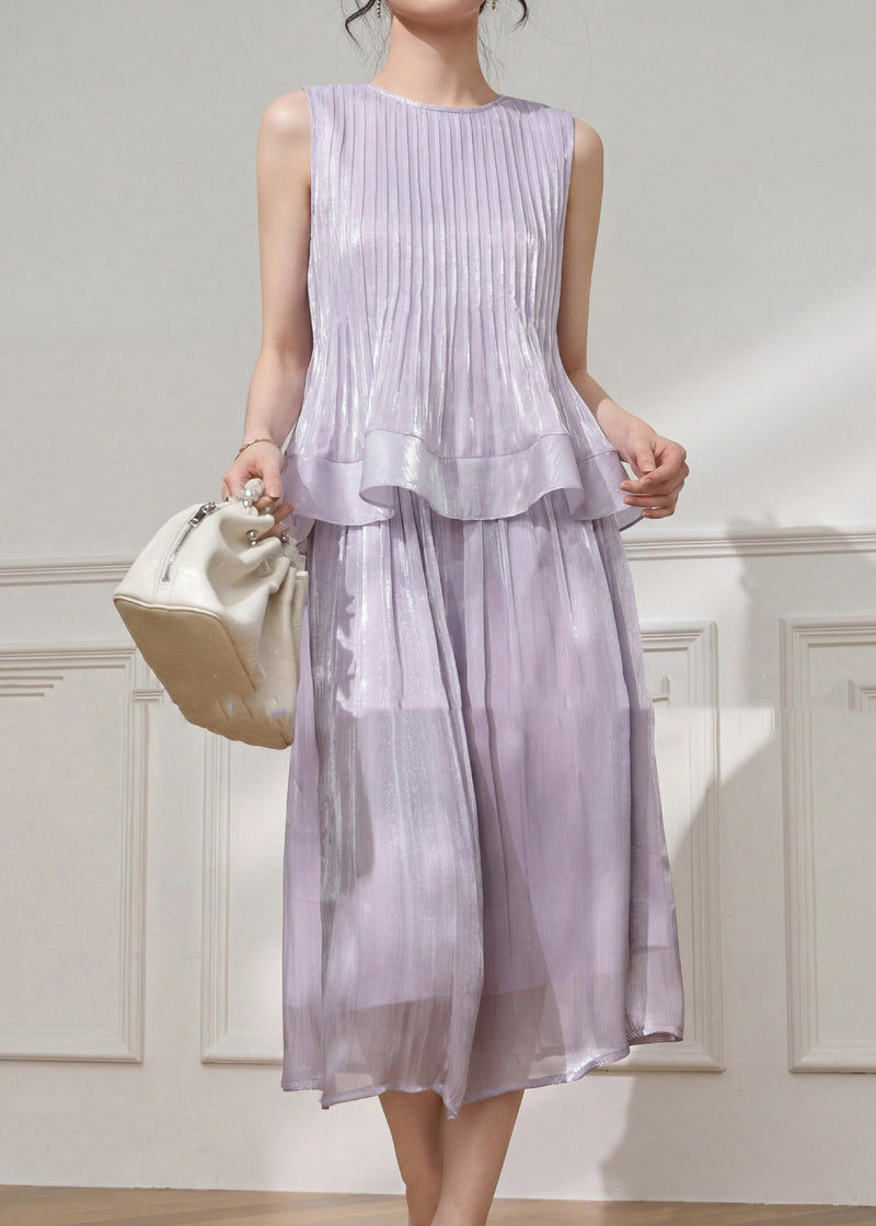 Stylish Purple Wrinkled Top and Maxi Skirts Two Pieces Set Summer