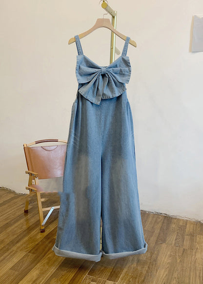 Blue Patchwork Bow Denim Jumpsuits Summer