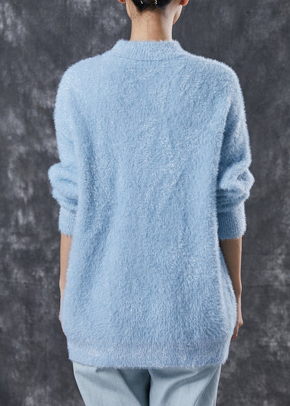 Blue Mink Hair Knitted Sweater Tops Tasseled Hollow Out Winter