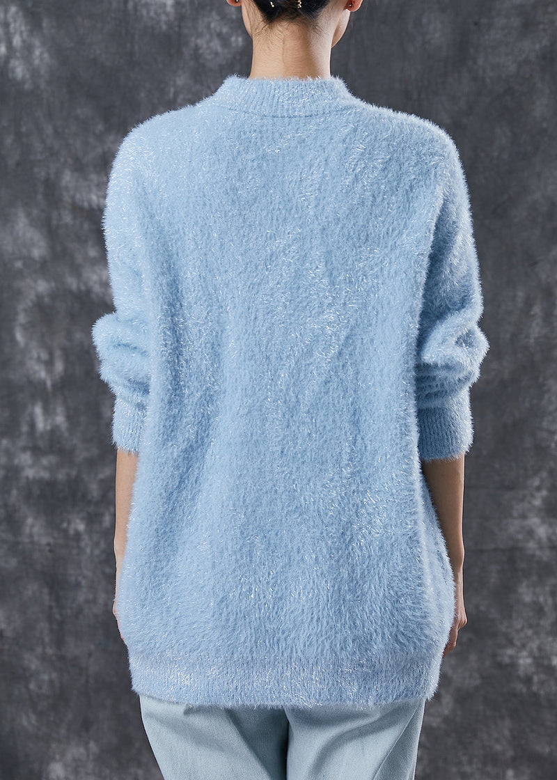 Blue Mink Hair Knitted Sweater Tops Tasseled Hollow Out Winter