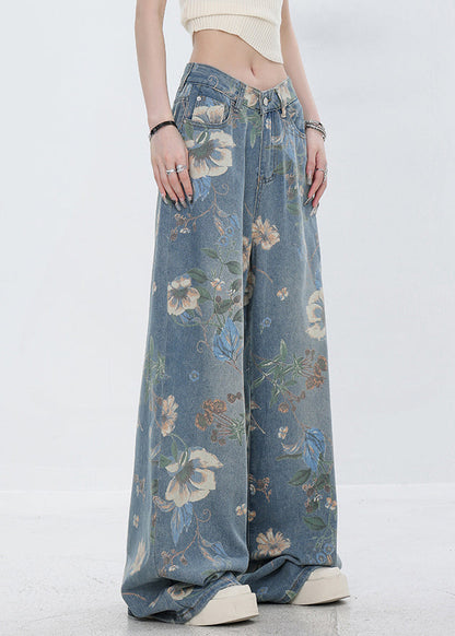 Original Design Blue Print Pockets Denim Pants Fall