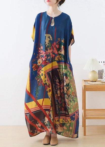 Art Blue Print Loose Asymmetrical Design Vacation Summer Chiffon Dress