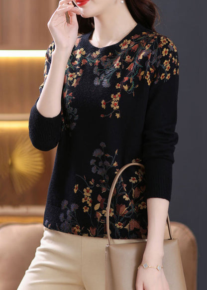 Black O Neck Zircon Print Wool Knit Top Spring