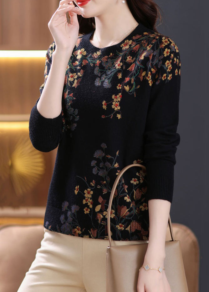 Black O Neck Zircon Print Wool Knit Top Spring