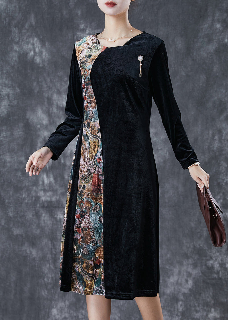 Black Exra Large Hem Patchwork Silk Velour Vacation Dresses Fall