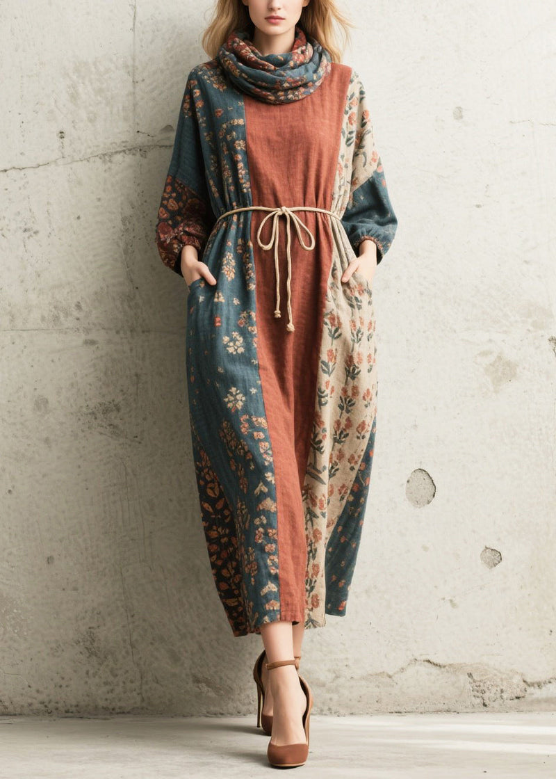 Tie Waist Print Cotton Vacation Dress Fall