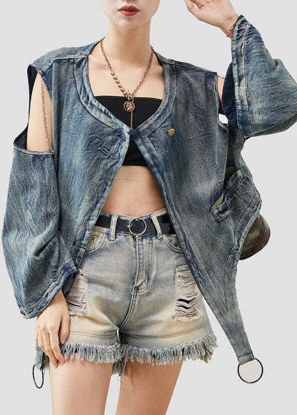 Navy Asymmetrical Cold Shoulder Denim Jacket Spring