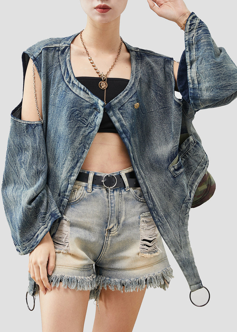 Navy Asymmetrical Cold Shoulder Denim Jacket Spring