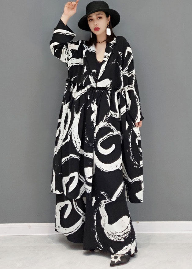 Black Ruffled Print Cotton Two Pieces Set Long Sleeve
