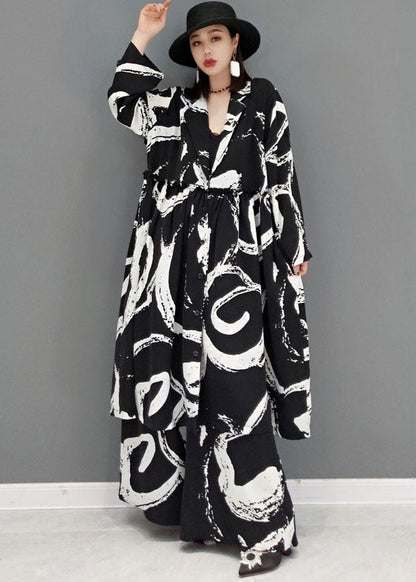Black Ruffled Print Cotton Two Pieces Set Long Sleeve