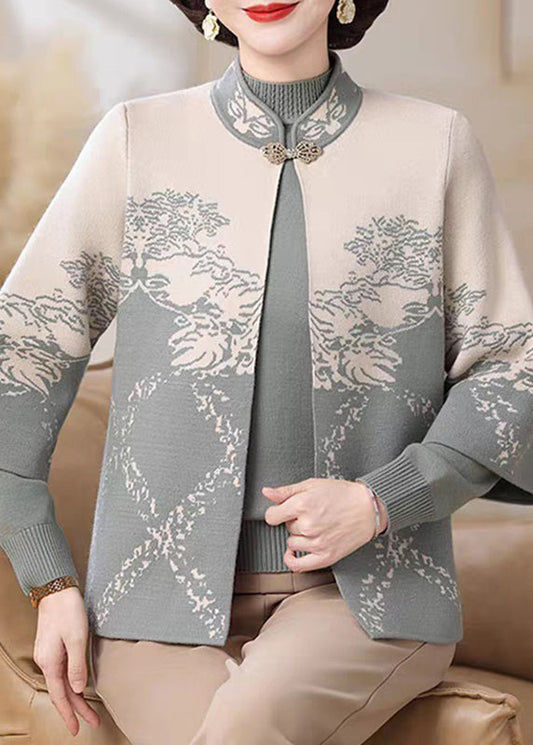 Chinese Style Blue Stand Collar Cotton Knit Cardigans and Sweater Two Pieces Set Fall