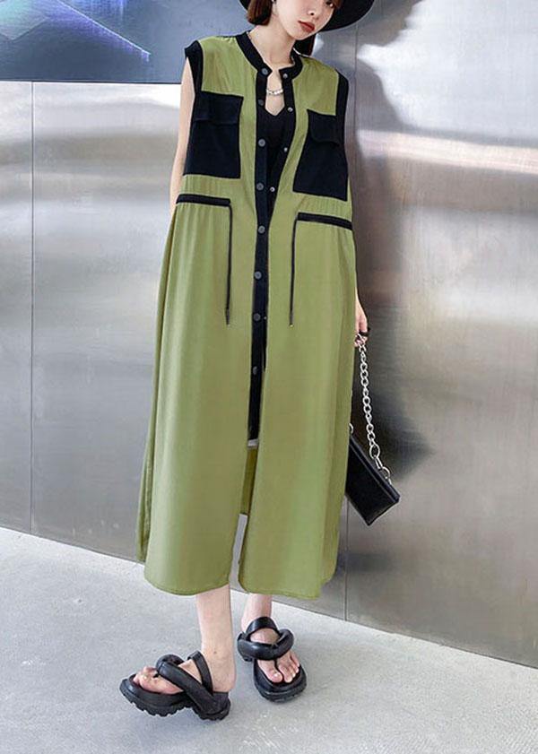 Comfy Army Green Patchwork Button Tie Waist Summer Long Dress