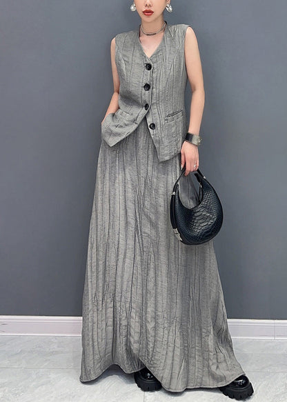 Grey Patchwork Button Top and Maxi Skirts Two Piece Set Summer