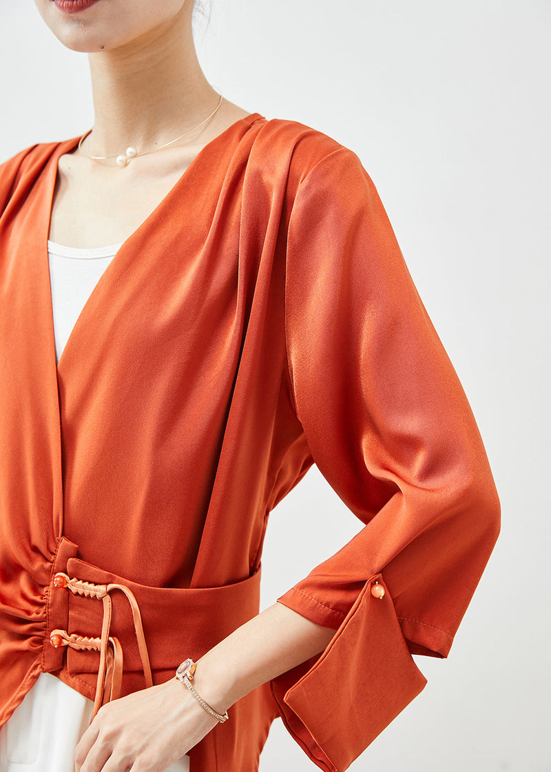 Orange Asymmetrical Cinched Tasseled Silk Top Fall