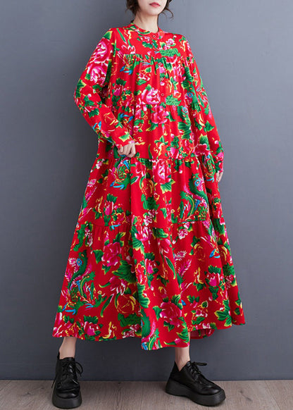 Red Stand Collar Patchwork Wrinkled Maxi Dresses Long Sleeve Spring