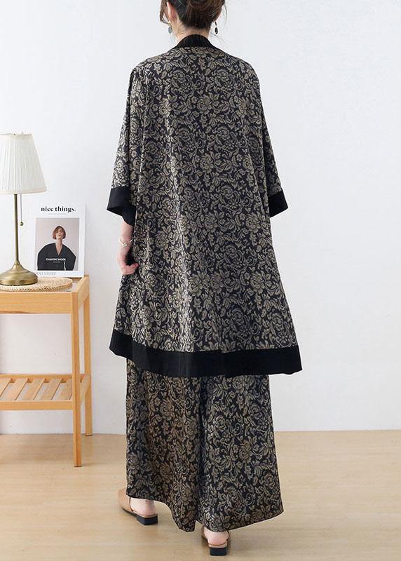 Handmade Beige Patchwork Top Wide Leg Two Pieces Set