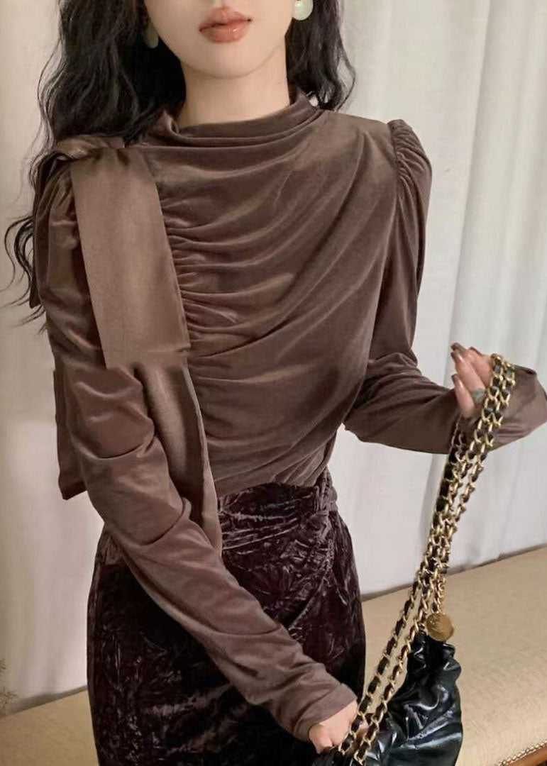 Coffee Turtleneck Wrinkled Bow Silk Velour Shirt Puff Sleeve