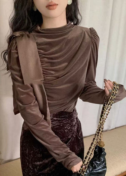 Coffee Turtleneck Wrinkled Bow Silk Velour Shirt Puff Sleeve
