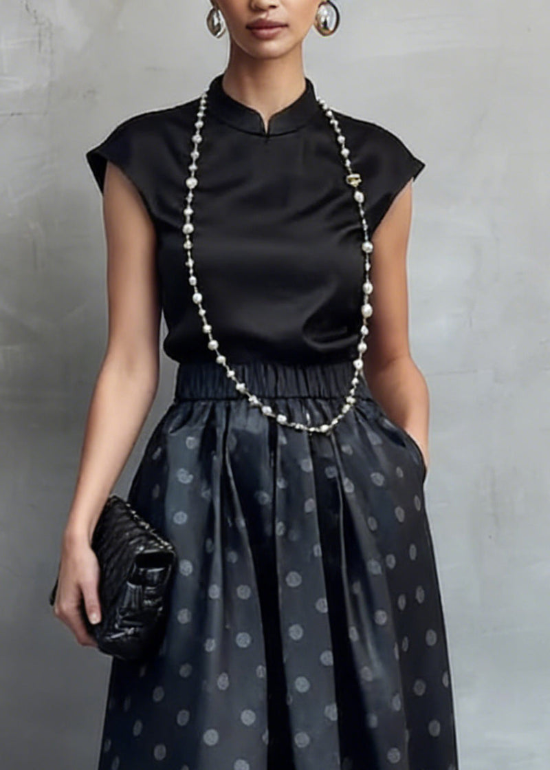 Chinese Style Black Stand Collar Shirts and Dot Skirts Silk Two Piece Set Summer