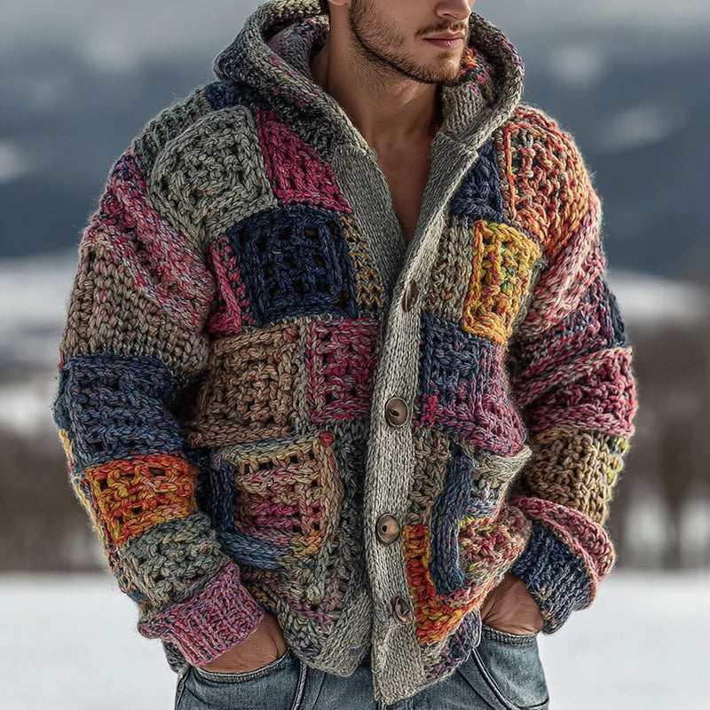 Men's Retro Geometric Knitted Warm Button Hooded Sweater elevenforest