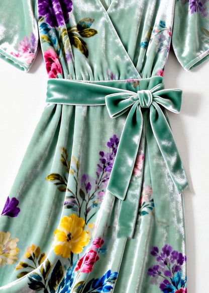 Green V Neck Print Tie Waist Silk Velvet Dresses Summer