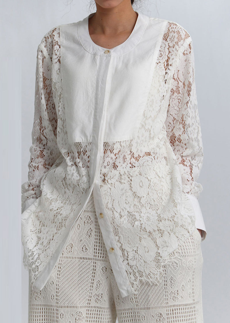 White Button Hollow Out Lace Blouses Spring