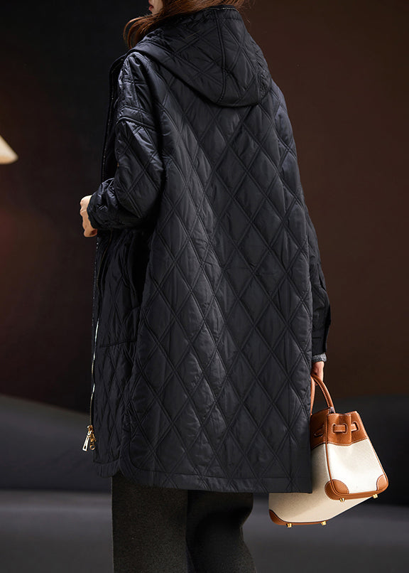 Black Hooded Zippered Pockets Cotton Filled Coats Spring