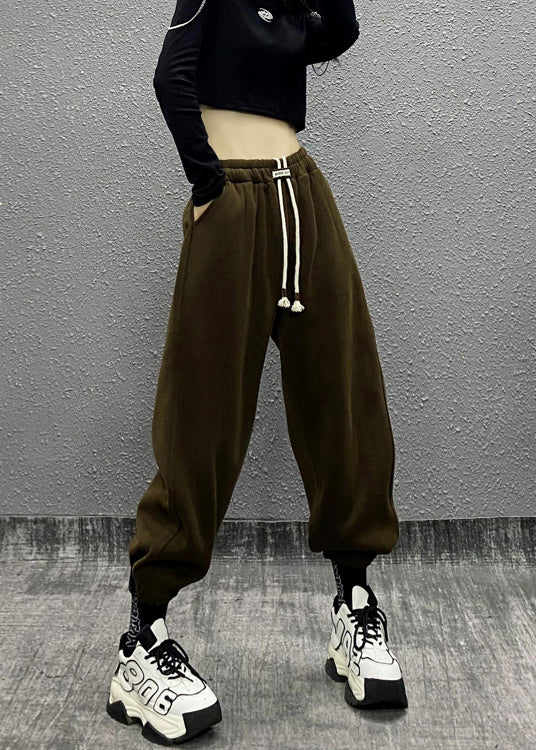 Black Pockets Drawstring Warm Fleece Sport Beam Pants Winter