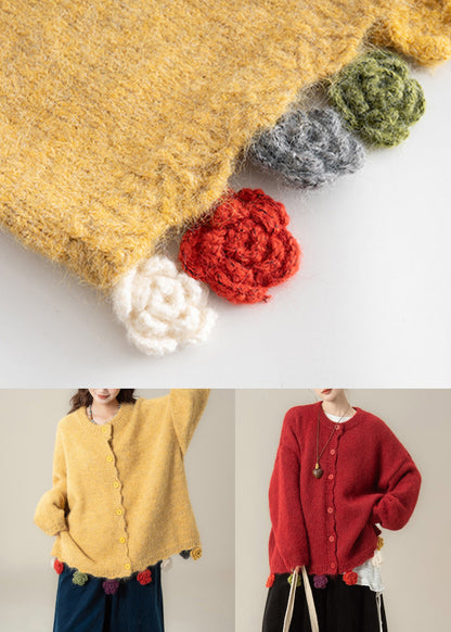 Yellow Button Cozy Knit Coat O Neck Batwing Sleeve